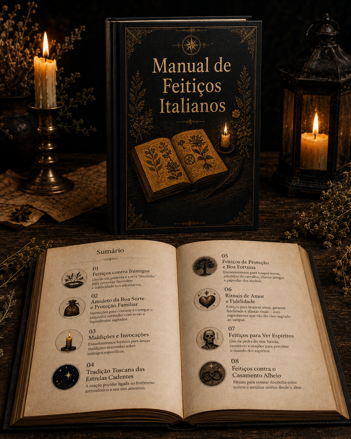 Mock-up do e-book Manual de Feitiços Italianos com sumário aberto